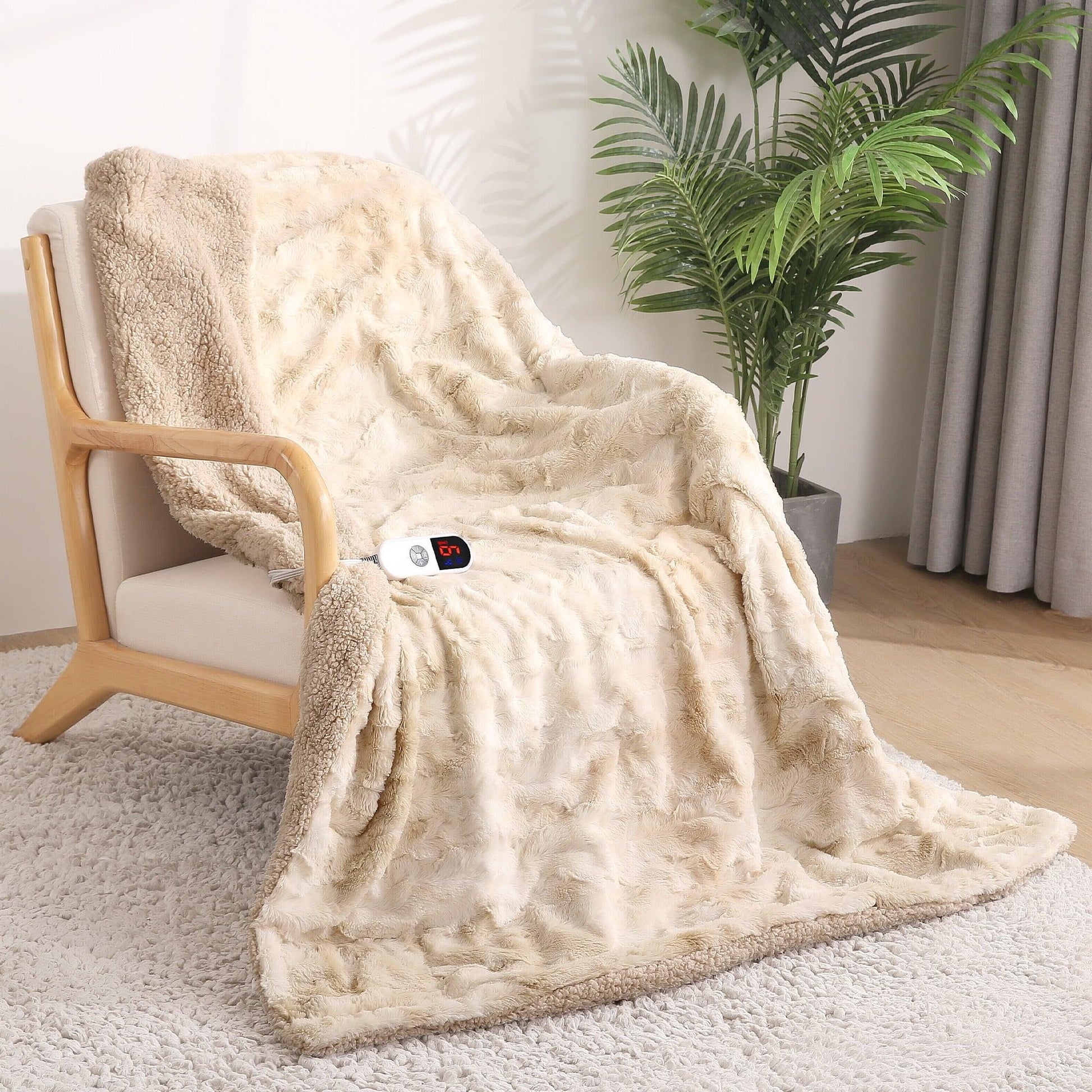 Electric Throw Blanket 50" X 60", Soft Faux Fur Heated Blanket with Large LED Display, 6 Heating Levels, 4 Hours Timer, Machine Washable - Tie-Dye off White - CasaClick