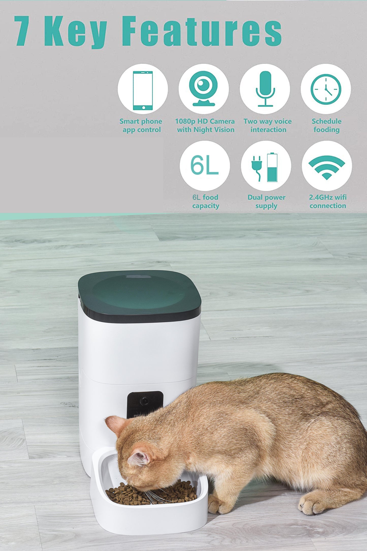 Pet Feeder,6L Automatic Pet Feeder for Cats and Dogs,1080P Camera,App Control,Voice Recorder,Timed Feeder for Schedule Feeding, Dual Power Supply,Wifi Pet Food Dispenser with App Control - CasaClick