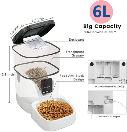 Pet Feeder,6L Automatic Pet Feeder for Cats and Dogs,1080P Camera,App Control,Voice Recorder,Timed Feeder for Schedule Feeding, Dual Power Supply,Wifi Pet Food Dispenser with App Control - CasaClick