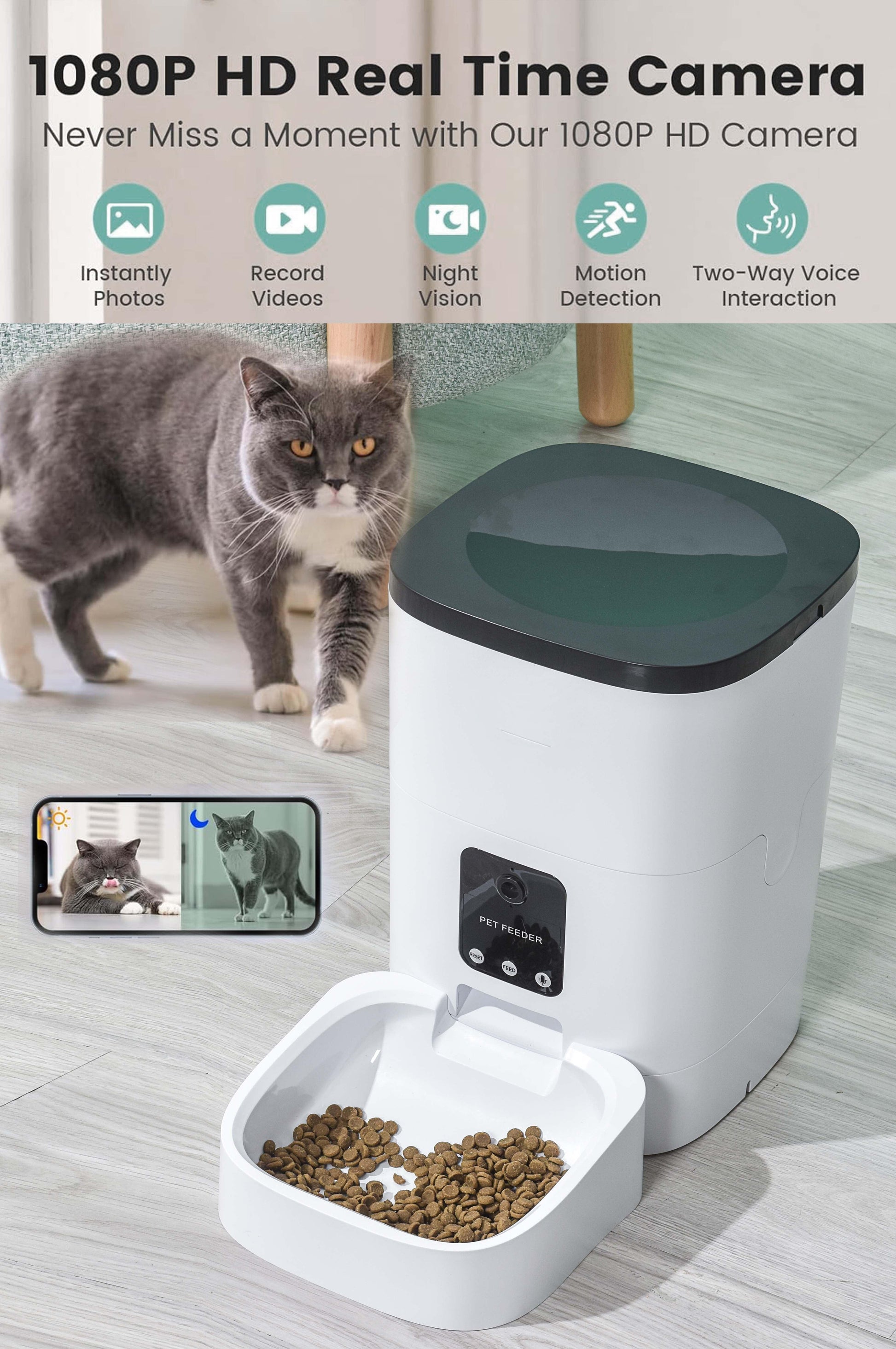 Pet Feeder,6L Automatic Pet Feeder for Cats and Dogs,1080P Camera,App Control,Voice Recorder,Timed Feeder for Schedule Feeding, Dual Power Supply,Wifi Pet Food Dispenser with App Control - CasaClick